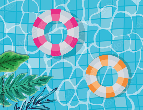 pool with leaves and floats top view design, Summer vacation and tropical theme Vector illustration