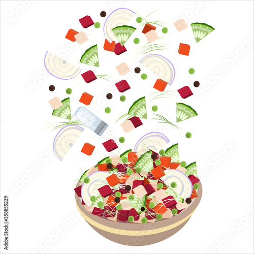 Vinaigrette recipe.
Dish on a plate.
It consists of beets, carrots, onions, green peas, black peas, potatoes, cucumbers, sour cabbage.