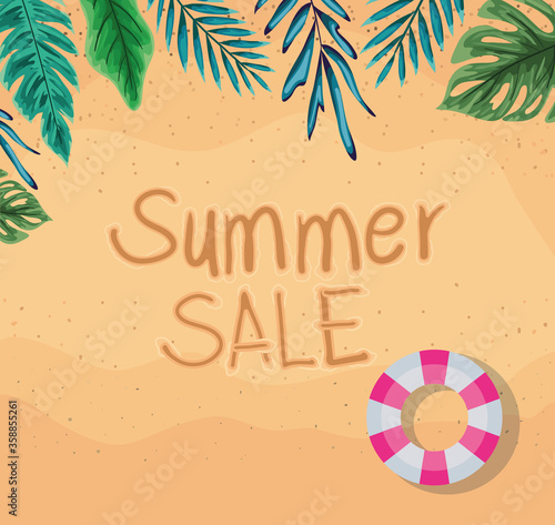 beach with summer sale float and leaves text top view design, Summer vacation and tropical theme Vector illustration