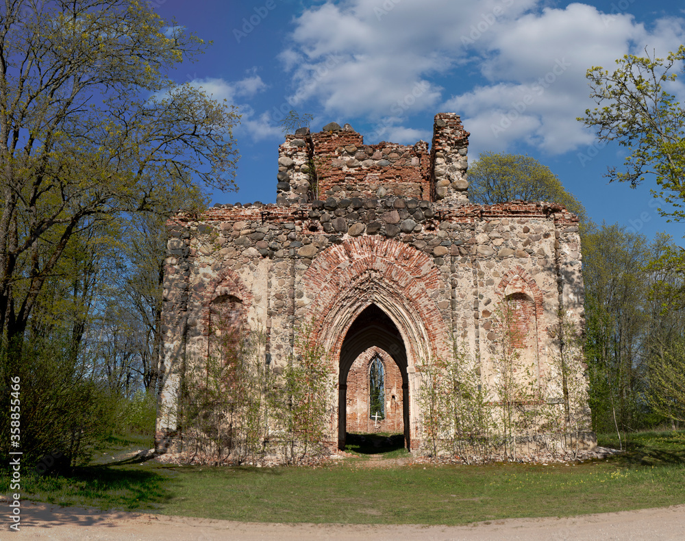The Ruins of Veckalsnava Church. Olds Architecture Details of the Lutheran Church in the Kalsnava Parish Latvia. Sunny Spring Day. The Ruins of Veckalsnava Church. Olds Architecture Details of the Lutheran Church in the Kalsnava Parish Latvia. Sunny Spring Day.