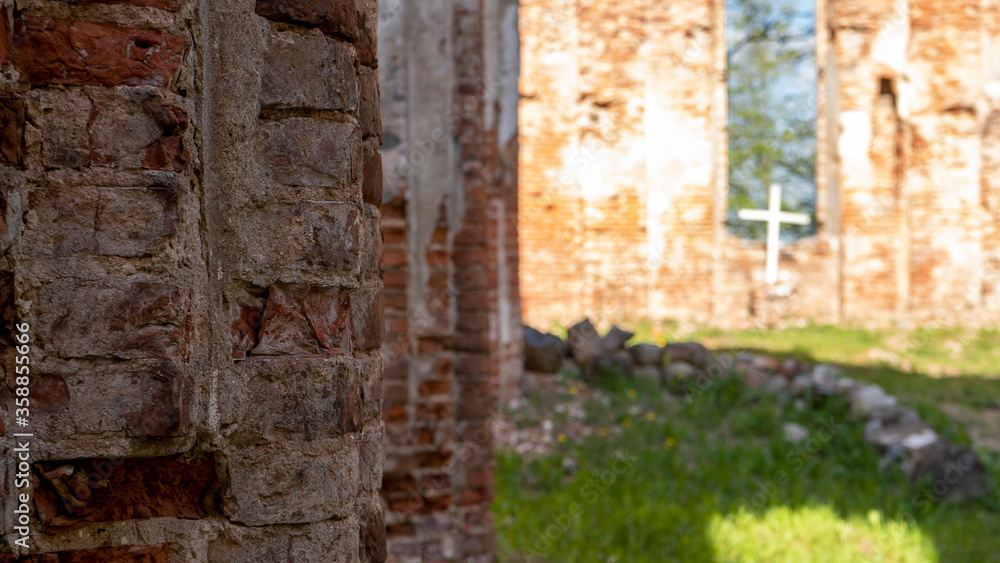 The Ruins of Veckalsnava Church. Olds Architecture Details of the Lutheran Church in the Kalsnava Parish Latvia. Sunny Spring Day.