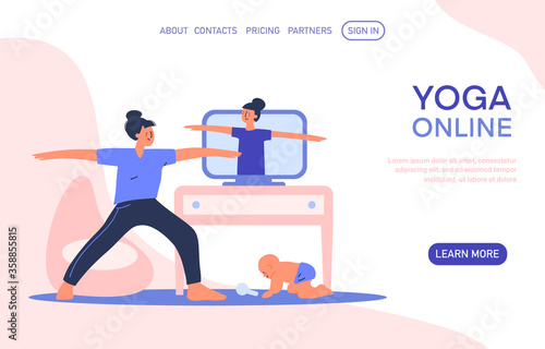 Women cartoon character practicing yoga and fitness, healthy lifestyle, online yoga at home. Online on laptop workout concept. Vector flat illustration for landingpage, banner, web site