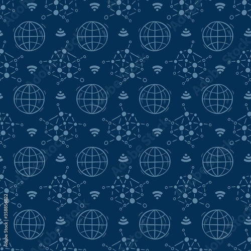 Fototapeta Naklejka Na Ścianę i Meble -  Internet network and globe symbol seamless pattern. Global network connections. Abstract connection structure. Polygonal space. World map internet background. Social Media Vector illustration
