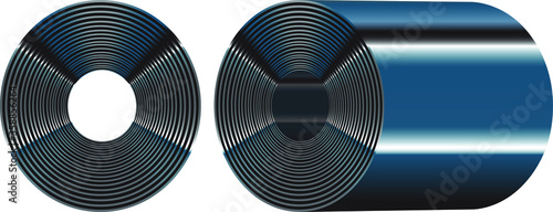 Vector illustration of a sheet of steel rolled up. Shown in 2 different views. Front view of roll. Side view perspective.
