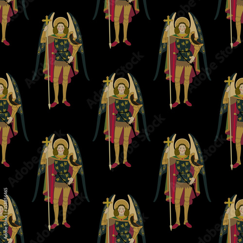 Seamless Christian pattern with images of St. Archangel Michael. Winged warrior angel. Medieval Baroque European art.