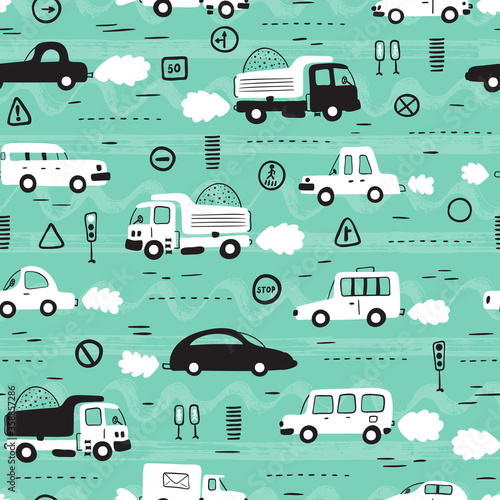 Cartoon Transportation Background for Kids. Vector Seamless Pattern with doodle Toy Cars and Traffic signs 