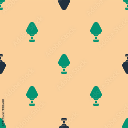 Green and black Anal plug icon isolated seamless pattern on beige background. Butt plug sign. Fetish accessory. Sex toy for men and woman.  Vector Illustration