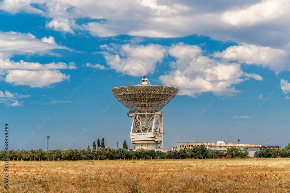View of the RT-70 full-motion radio telescope (P-2500). The diameter of the mirror is 70 meters. Yevpatoriya, Crimea.
