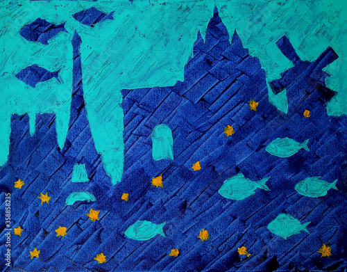 Abstract art painting of the Paris city and fishes