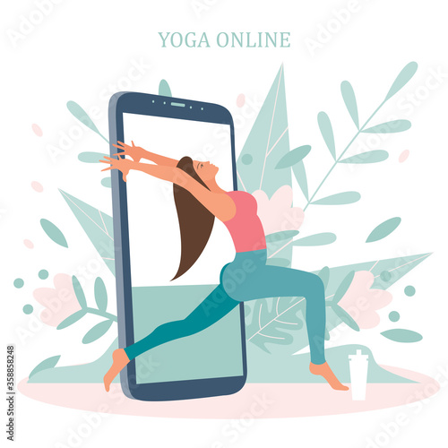 Yoga online with girl in asana doing physical exercises and watching online classes on Phone display, flat web vector illustration. Online yoga with instructor at home web banners set.

