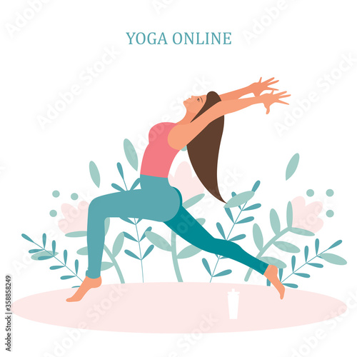 Yoga online with girl in asana doing physical exercises and watching online classes on Phone display, flat web vector illustration. Online yoga with instructor at home web banners set.

