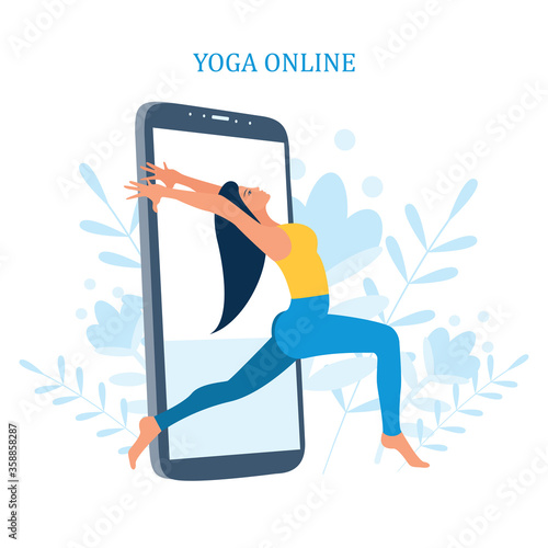 Yoga online with girl in asana doing physical exercises and watching online classes on Phone display, flat web vector illustration. Online yoga with instructor at home web banners set.

