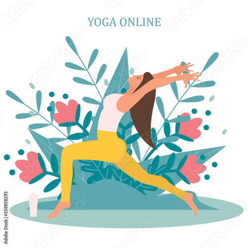 Yoga online with girl in asana doing physical exercises and watching online classes on Phone display, flat web vector illustration. Online yoga with instructor at home web banners set.

