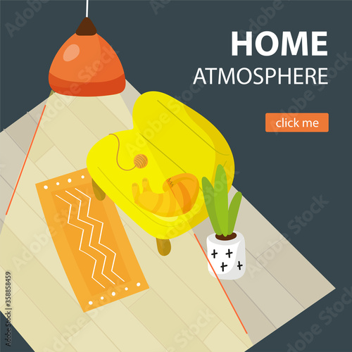 Homely atmosphere, cozy room interior, a tired cat lies on sofa. Hand drawn cute trendy vector illustration.