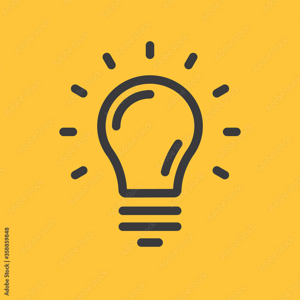 Idea icon, shinning light bulb. Electric lamp linear pictogram. Bright solution symbol.