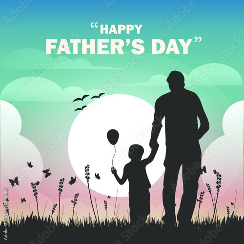 Happy father's day, dad and son beautiful silhouette sunset scene poster, vector illustration 