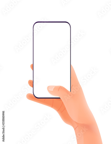 Smartphone in hand. Finger pressing the button. Vector mockup isolated on white background