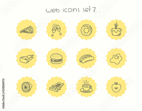 Doodle vector icons set isolated on white. Web icons set 7. Meal and drinks