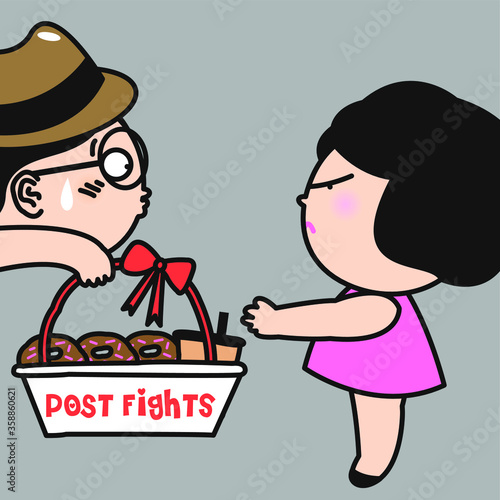 Boy Making Up With His Lover Girl By Giving Her A Gift Basket After Their Huge Fight. Couple In Quarrel Concept Card Character illustration