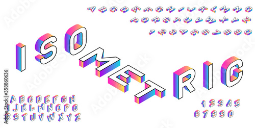 Isometric font. Creative colored geometric alphabet. 3d gradient letters numbers sign vector set.