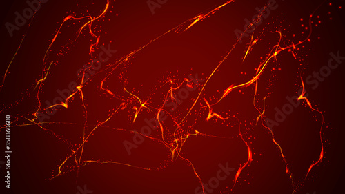 Beautiful violet red abstract magical energy electric cosmic fiery shiny luminous lightning, lines, stripes with sparks on a red background. Vector illustration