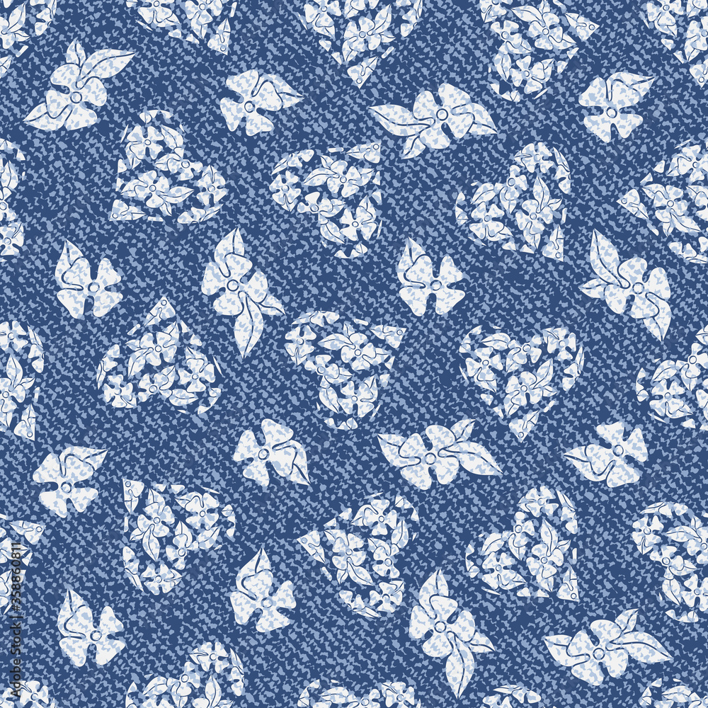 Vector Heart. Floral hearts. Denim floral background. Jeans background with hearts and flowers. Vector Denim seamless pattern. Blue jeans cloth. Valentine background
