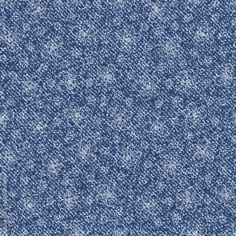 Vector Denim floral seamless pattern. Blue Jeans cloth background with flowers.
Vector Denim floral seamless pattern. Blue Jeans cloth background with flowers.