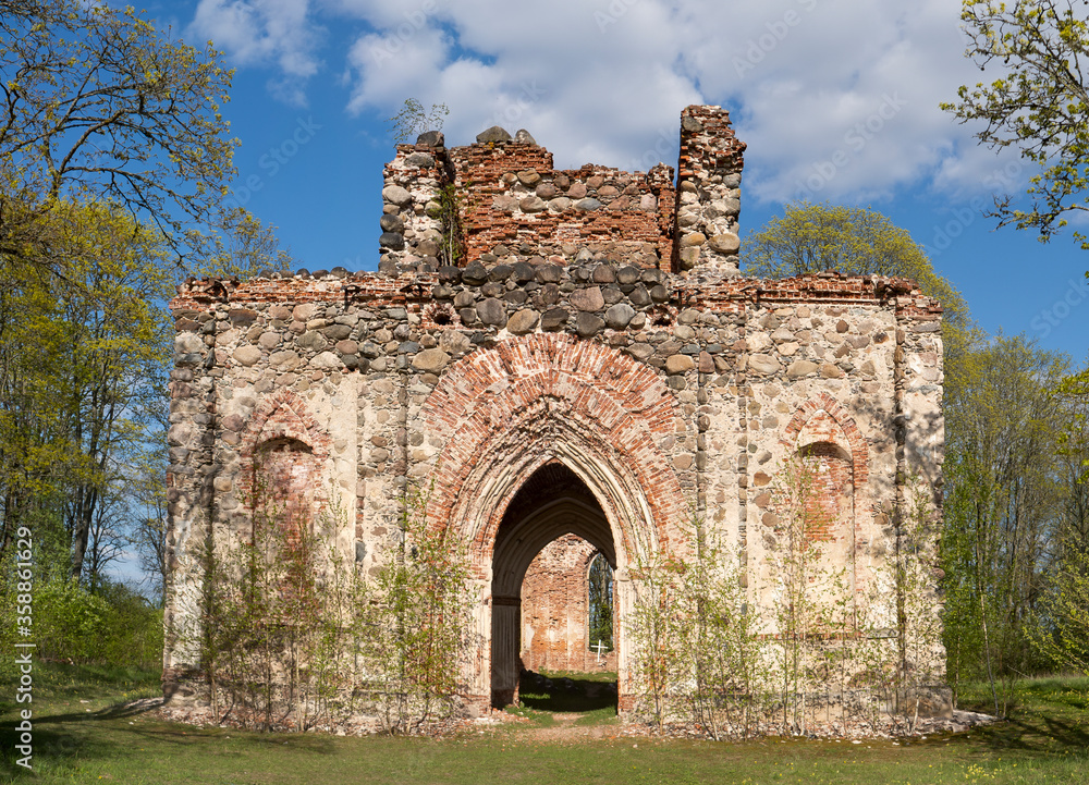 The Ruins of Veckalsnava Church. Olds Architecture Details of the Lutheran Church in the Kalsnava Parish Latvia. Sunny Spring Day.