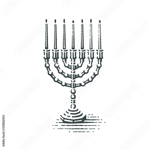 Menorah. Hand drawn engraving style illustrations.