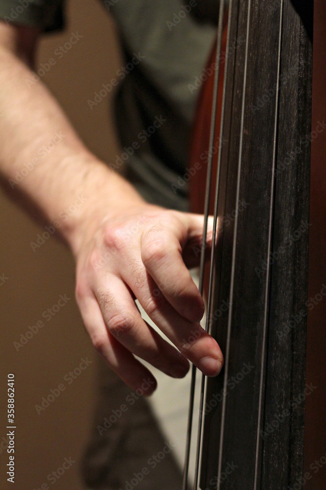 Close up of hands for acoustic bass Close up of hands for acoustic bass