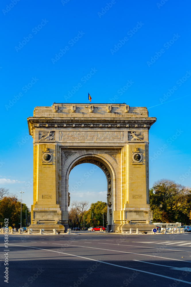 It's Arcul de Triumf, a triumphal arch, the northern part of Bucharest, on the Kiseleff Road