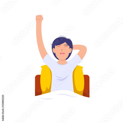 Young man character wakes after sleep up in home, is going to work. Start of good day, human activity.  pulling his hands up. Illustration isolated in cartoon style