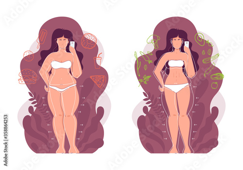 Weight loss, diet, infographics.Woman before and after weigh loss. Fat and slim woman