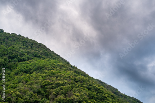 Mountain with green trees and sky with gray clouds