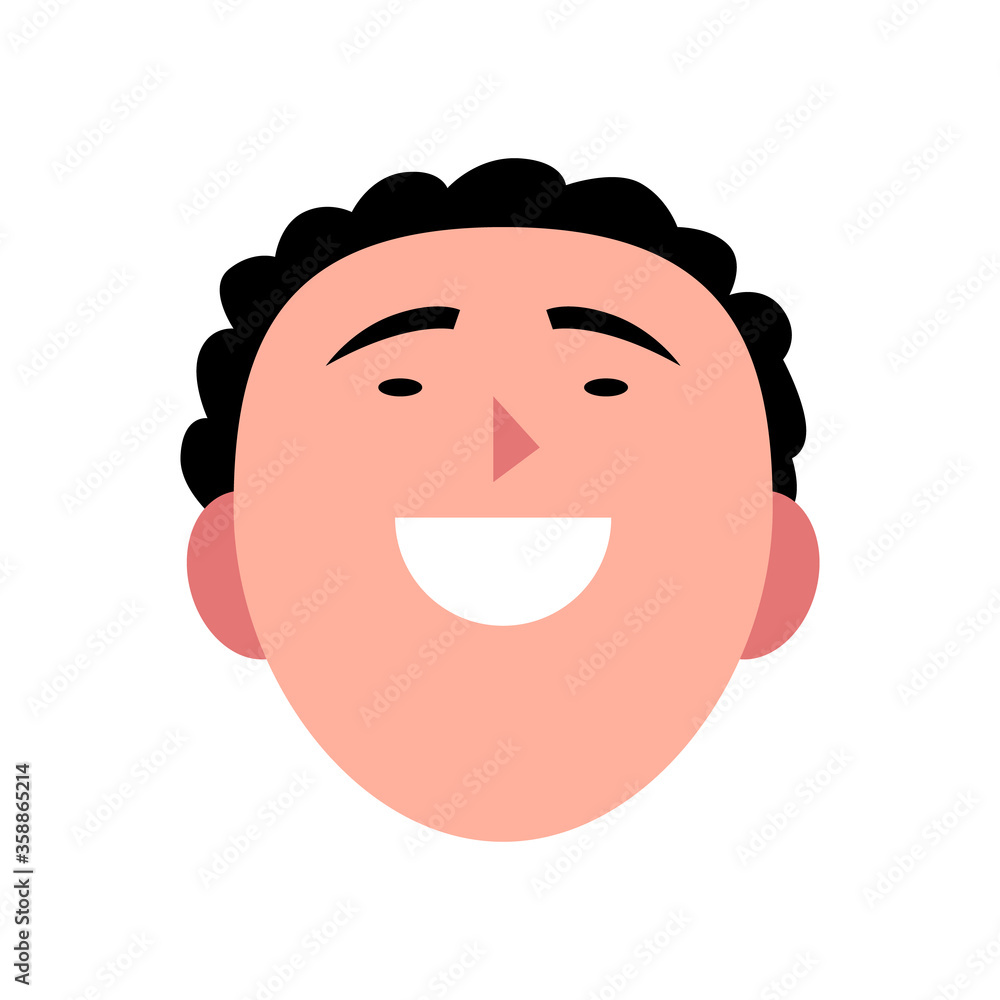 Vector illustration of young smiling man. Portrait of handsome cheerful male face. Avatar, profile, ID picture of a young person. Human head illustration with curly hairstyle Vector illustration of young smiling man. Portrait of handsome cheerful male face. Avatar, profile, ID picture of a young person. Human head illustration with curly hairstyle