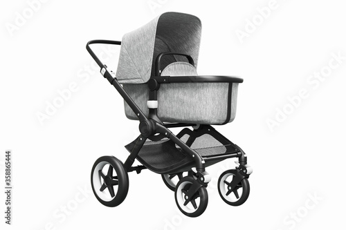 3D render of a stylish modern stroller with bassinet on a white background