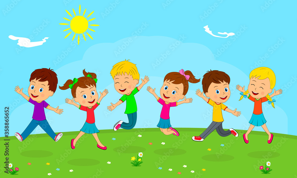 kids,boys and girls play on a summer background, illustration, vector