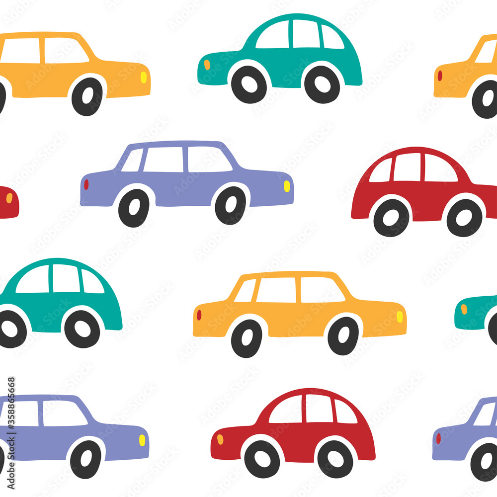 Seamless vector pattern with colorful cars on a white background.