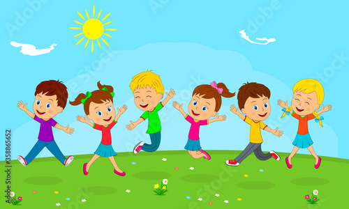 kids,boys and girls play on a summer background, illustration, vector