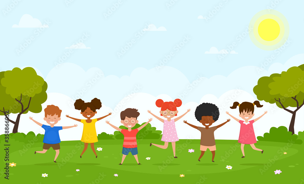 Happy children having fun in nature. Multiracial boys and girls are playing together in outside. Vector illustration.
