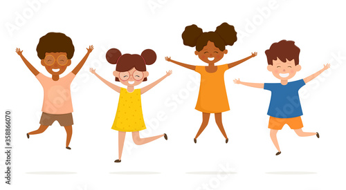 Happy kids having fun and jupmping. Multiracial school children. Boys and girls are playing together. Vector illustration on white background.