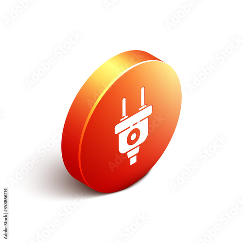 Isometric Electric plug icon isolated on white background. Concept of connection and disconnection of the electricity. Orange circle button. Vector Illustration