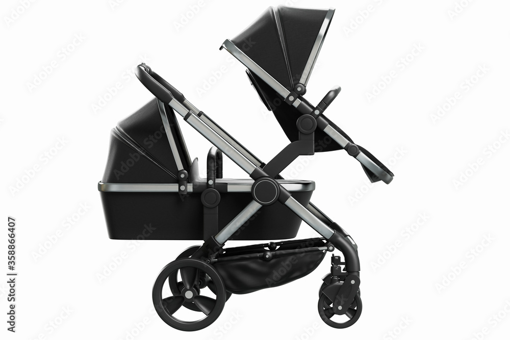 3D render of a modern black pushchair with bassinet and seat for infants and toddlers on a white background 3D render of a modern black pushchair with bassinet and seat for infants and toddlers on a white background