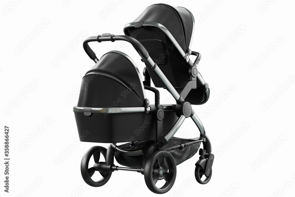 3D render of a modern black pushchair with bassinet and seat for infants and toddlers on a white background 3D render of a modern black pushchair with bassinet and seat for infants and toddlers on a white background