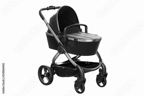 3D render of a modern black pushchair with bassinet for infants on a white background
