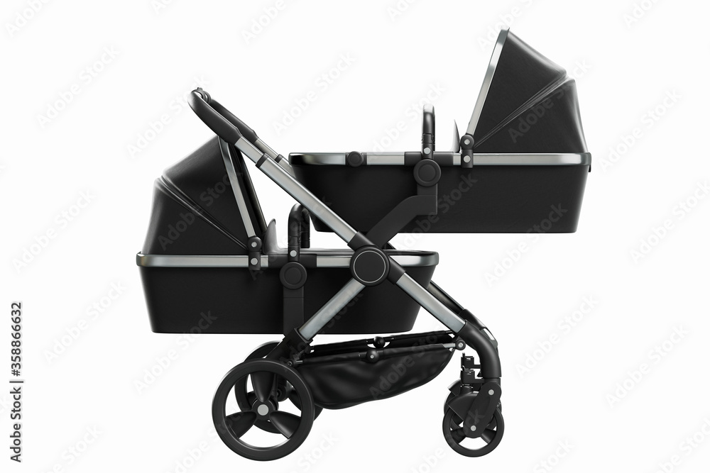 3D render of a modern black pushchair with twin bassinet for infants on a white background 3D render of a modern black pushchair with twin bassinet for infants on a white background