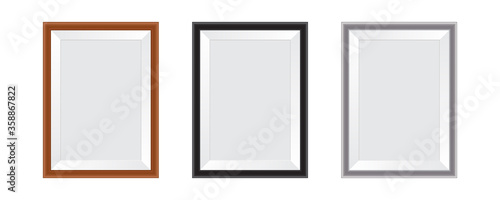 Realistic picture frame set isolated on white background. Vector illustration of modern vertical photo frames in different colors. Place for text or object. Collection perfect for your presentations.