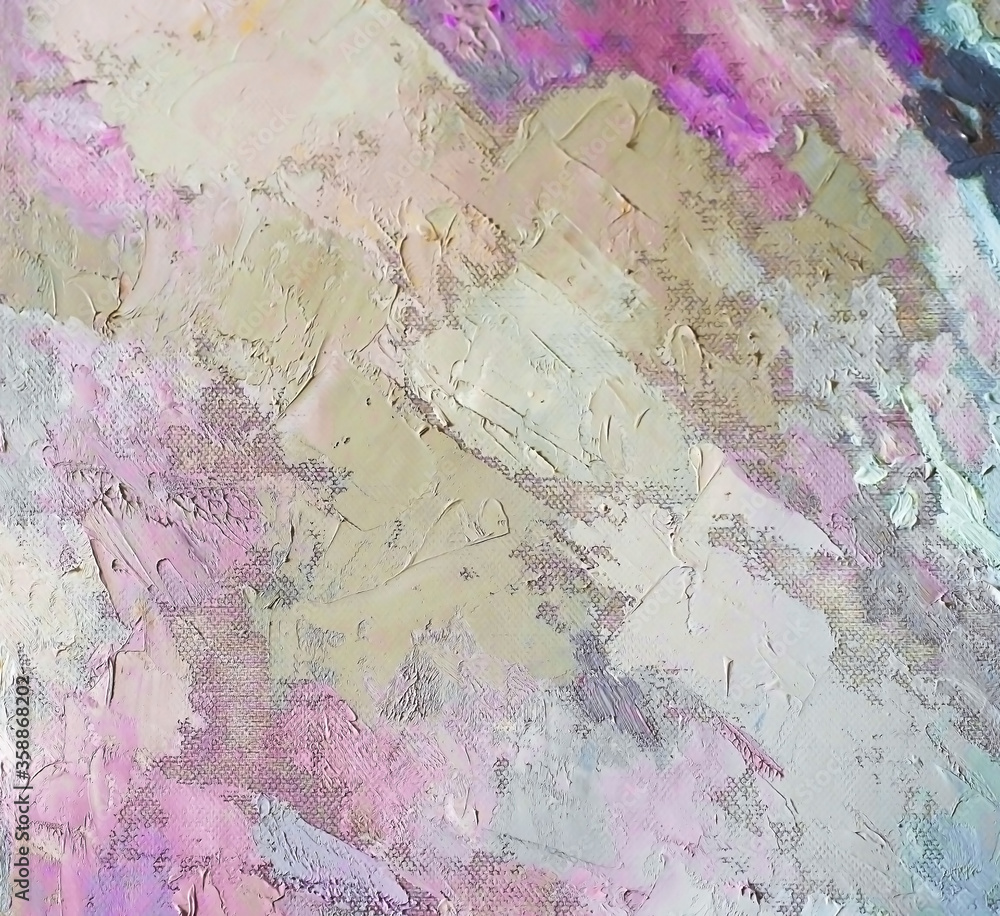 Naklejka premium Expressive embossed paint on canvas, created using palette knife technique of oil painting. Primary colors: purple, white, pink, yellow, creamy and gray. Abstract art. 