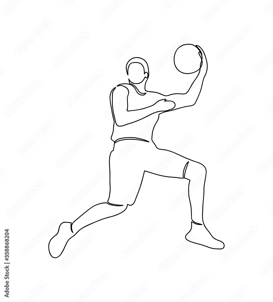 Man playing basketball, one continuous line art, isolated basketball