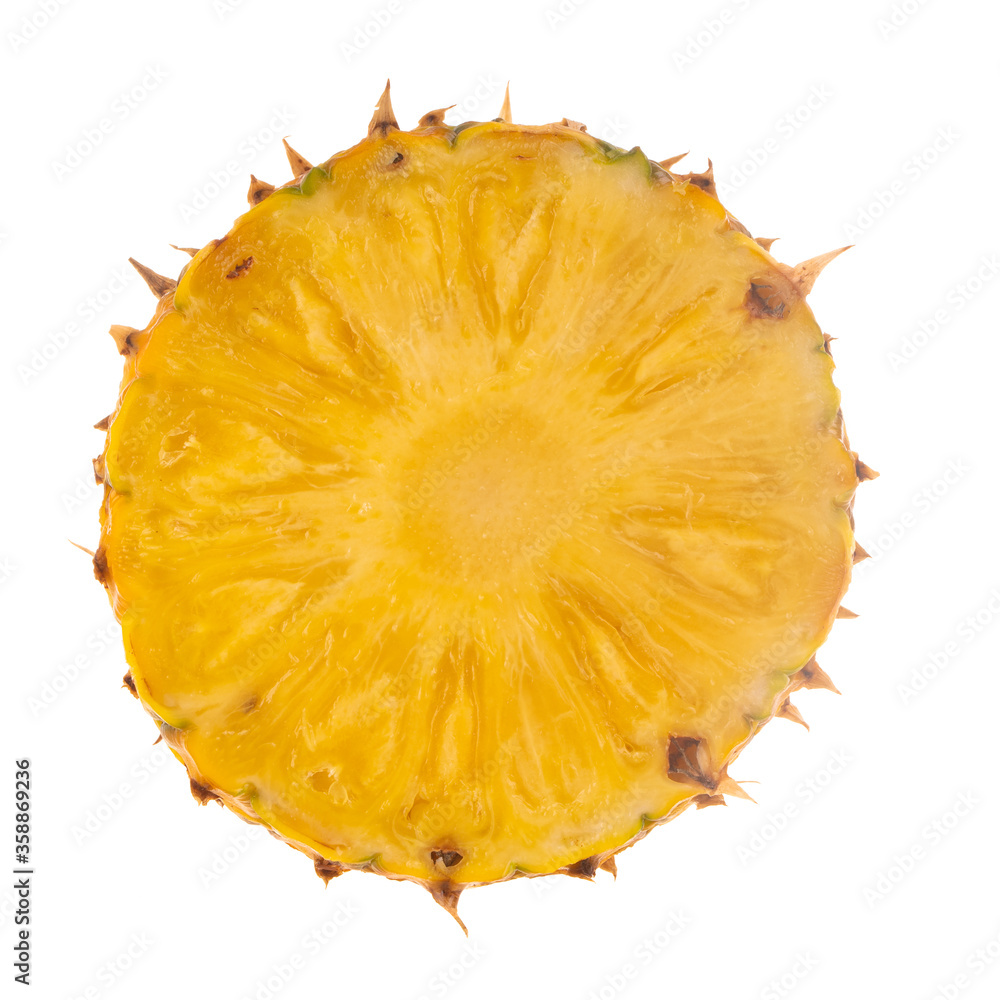 single fresh half of pineapple isolated on white background. top view single fresh half of pineapple isolated on white background. top view
